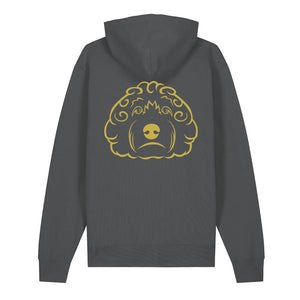 Gold outline illustration of the head of a Cockapoo on the back of an anthracite grey unisex Hoodie