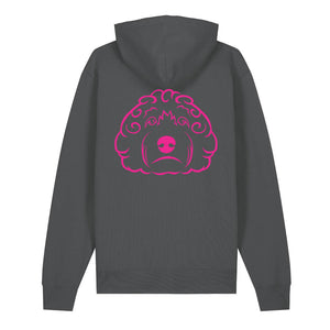 Magenta outline illustration of the head of a Cockapoo on the back of an anthracite grey unisex Hoodie