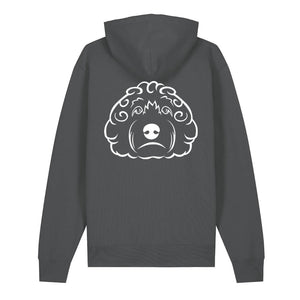 White outline illustration of the head of a Cockapoo on the back of an anthracite grey unisex Hoodie