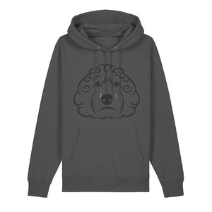 Black outline illustration of the head of a Cockapoo on the front of an anthracite grey unisex Hoodie