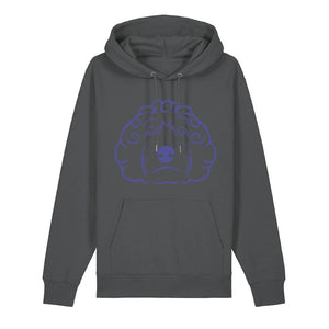 Blue outline illustration of the head of a Cockapoo on the front of an anthracite grey unisex Hoodie