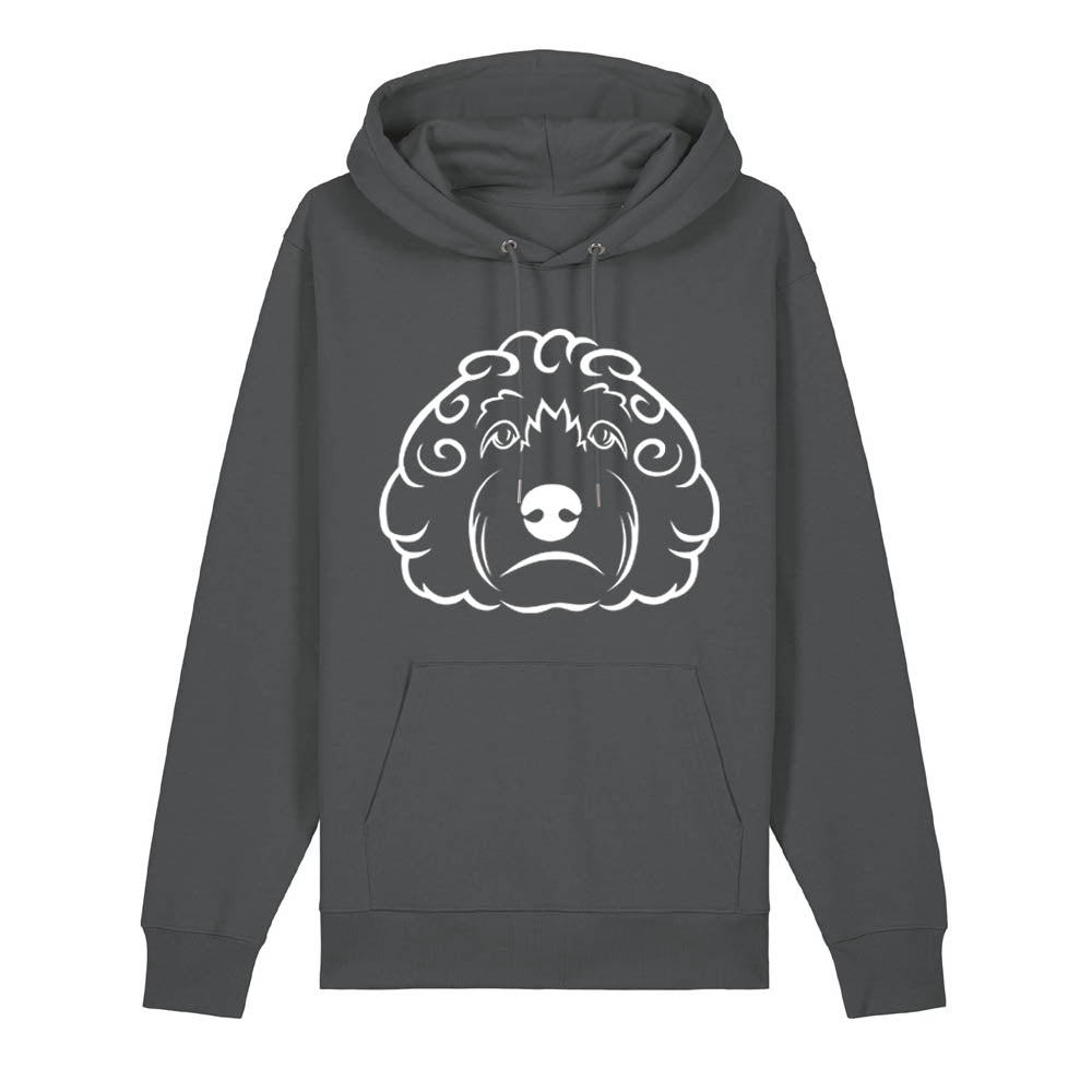 White outline illustration of the head of a Cockapoo on the front of an anthracite grey unisex Hoodie