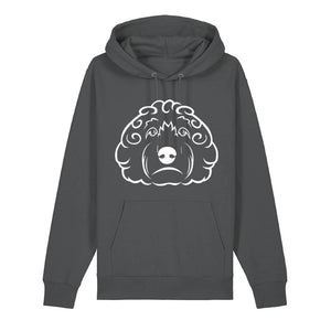 White outline illustration of the head of a Cockapoo on the front of an anthracite grey unisex Hoodie