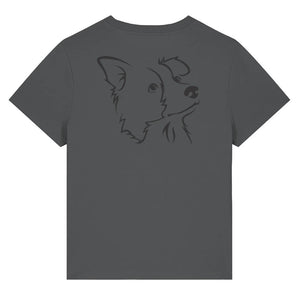 Black outline illustration of the head of a Border Collie on the back of an anthracite grey ladies t-shirt
