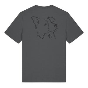 Black outline illustration of the head of a Border Collie on the back of an anthracite grey unisex t-shirt