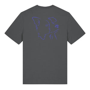 Blue outline illustration of the head of a Border Collie on the back of an anthracite grey unisex t-shirt