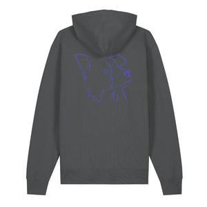 Blue outline illustration of the head of a Border Collie on the back of an anthracite grey unisex Hoodie