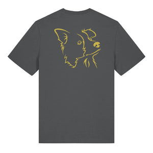 Gold outline illustration of the head of a Border Collie on the back of an anthracite grey unisex t-shirt