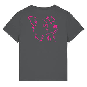 Magenta outline illustration of the head of a Border Collie on the back of an anthracite grey ladies t-shirt