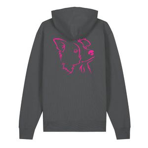 Magenta outline illustration of the head of a Border Collie on the back of an anthracite grey unisex Hoodie