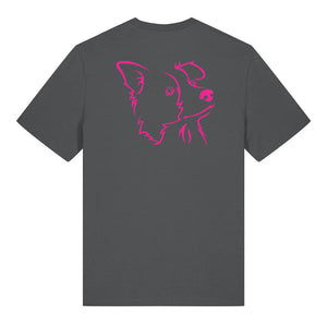 Magenta outline illustration of the head of a Border Collie on the back of an anthracite grey unisex t-shirt