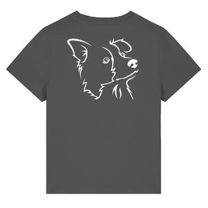 White outline illustration of the head of a Border Collie on the back of an anthracite grey ladies t-shirt