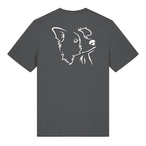 White outline illustration of the head of a Border Collie on the back of an anthracite grey unisex t-shirt