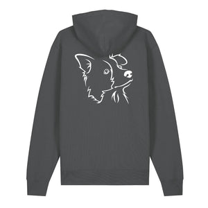 White outline illustration of the head of a Border Collie on the back of an anthracite grey unisex Hoodie