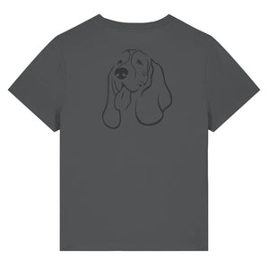 Black outline illustration of the head of a Basset Hound on the Back of an anthracite ladies t-shirt