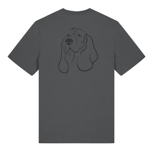 Black outline illustration of the head of a Basset Hound on the back of an anthracite grey unisex t-shirt