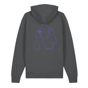 Blue outline illustration of the head of a Basset Hound on the back of an anthracite grey unisex Hoodie