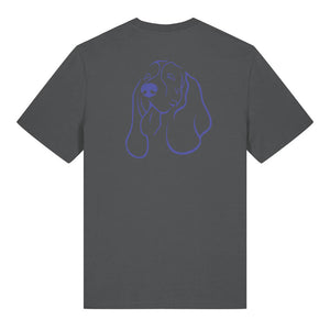 Blue outline illustration of the head of a Basset Hound on the back of an anthracite grey unisex t-shirt