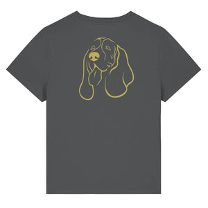 Gold outline illustration of the head of a Basset Hound on the back of an anthracite ladies t-shirt