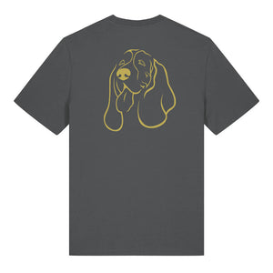 Gold outline illustration of the head of a Basset Hound on the back of an anthracite grey unisex t-shirt