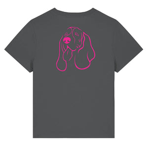 Magenta outline illustration of the head of a Basset Hound on the back of an anthracite ladies t-shirt