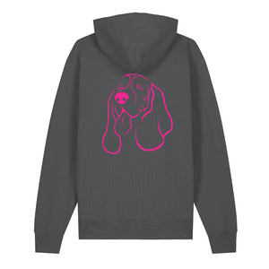 Magenta outline illustration of the head of a Basset Hound on the back of an anthracite grey unisex Hoodie