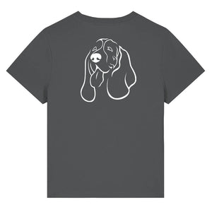 White outline illustration of the head of a Basset Hound on the back of an anthracite ladies t-shirt