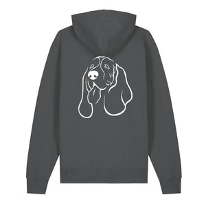 White outline illustration of the head of a Basset Hound on the back of an anthracite grey unisex Hoodie