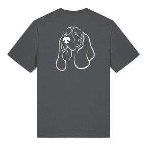 White outline illustration of the head of a Basset Hound on the back of an anthracite grey unisex t-shirt