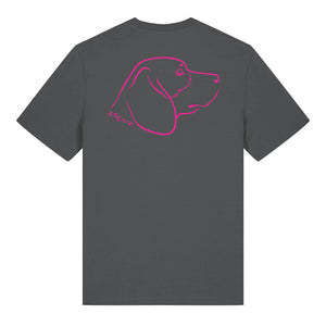 Magenta outline illustration of the head of a Beagle on the back of an anthracite grey unisex t-shirt