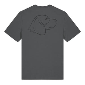 Black outline illustration of the head of a Beagle on the back of an anthracite grey unisex t-shirt