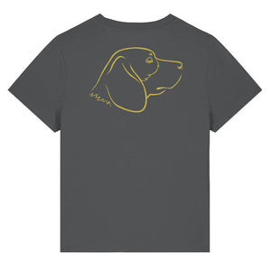 Gold outline illustration of the head of a Beagle dog on the back of an anthracite grey ladies t-shirt