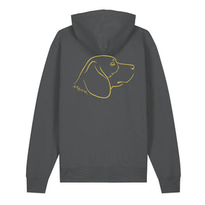 Gold outline illustration of the head of a Beagle on the back of an anthracite grey unisex Hoodie