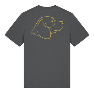 Gold outline illustration of the head of a Beagle on the back of an anthracite grey unisex t-shirt