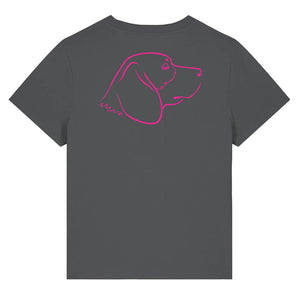 Magenta outline illustration of the head of a Beagle dog on the back of an anthracite grey ladies t-shirt