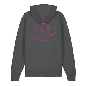 Magenta outline illustration of the head of a Beagle on the back of an anthracite grey unisex Hoodie