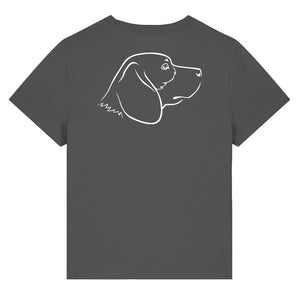 White outline illustration of the head of a Beagle dog on the back of an anthracite grey ladies t-shirt