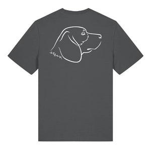 White outline illustration of the head of a Beagle on the back of an anthracite grey unisex t-shirt