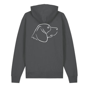 White outline illustration of the head of a Beagle on the back of an anthracite grey unisex Hoodie