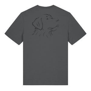 Black outline illustration of the head of a Bernese Mountain Dog on the back of an anthracite grey unisex t-shirt
