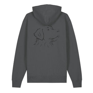 Black outline illustration of the head of a Bernese Mountain Dog on the back of an anthracite grey unisex Hoodie