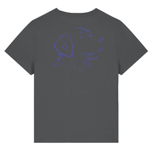Blue outline illustration of the head of a Bernese Mountain Dog on the back of an anthracite grey ladies t-shirt