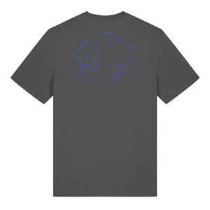 Blue outline illustration of the head of a Bernese Mountain Dog on the back of an anthracite grey unisex t-shirt