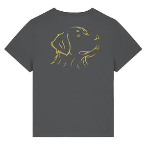 Gold outline illustration of the head of a Bernese Mountain Dog on the back of an anthracite grey ladies t-shirt