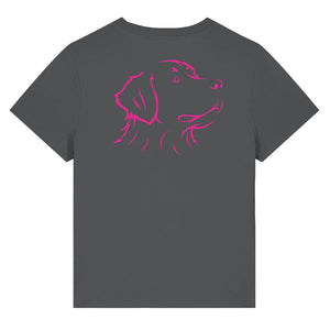 Magenta outline illustration of the head of a Bernese Mountain Dog on the back of an anthracite grey ladies t-shirt