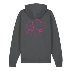 Magenta outline illustration of the head of a Bernese Mountain Dog on the back of an anthracite grey unisex Hoodie