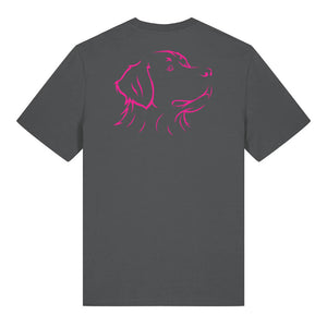 Magenta outline illustration of the head of a Bernese Mountain Dog on the back of an anthracite grey unisex t-shirt