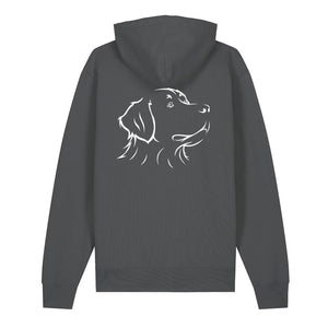 White outline illustration of the head of a Bernese Mountain Dog on the back of an anthracite grey unisex Hoodie