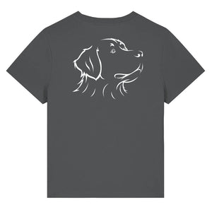 White outline illustration of the head of a Bernese Mountain Dog on the back of an anthracite grey ladies t-shirt