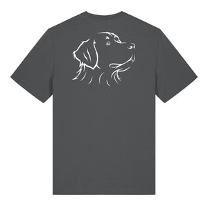 White outline illustration of the head of a Bernese Mountain Dog on the back of an anthracite grey unisex t-shirt